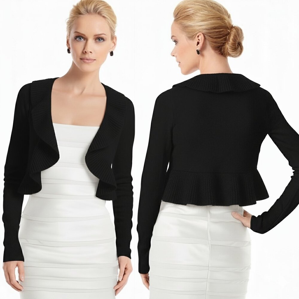 WHBM NWT Wool Rabbit Blend Ruffle Shrug Sweater Cardigan Bolero - Sz M - Picture 4 of 14